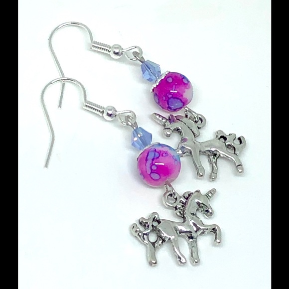 Purple Blue Fuchsia Pink Multicolor Swirl Glass Unicorn Charm Dangle Earrings - Picture 1 of 2
